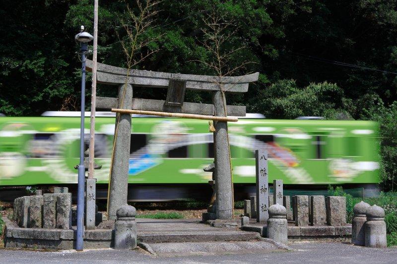 在神社內行走的電車